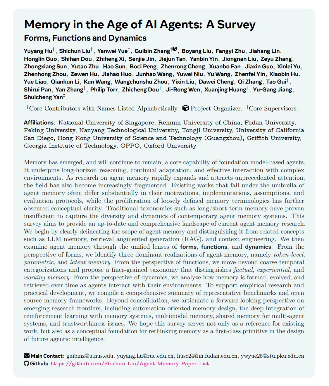 Memory in the Age of AI Agents: A Survey