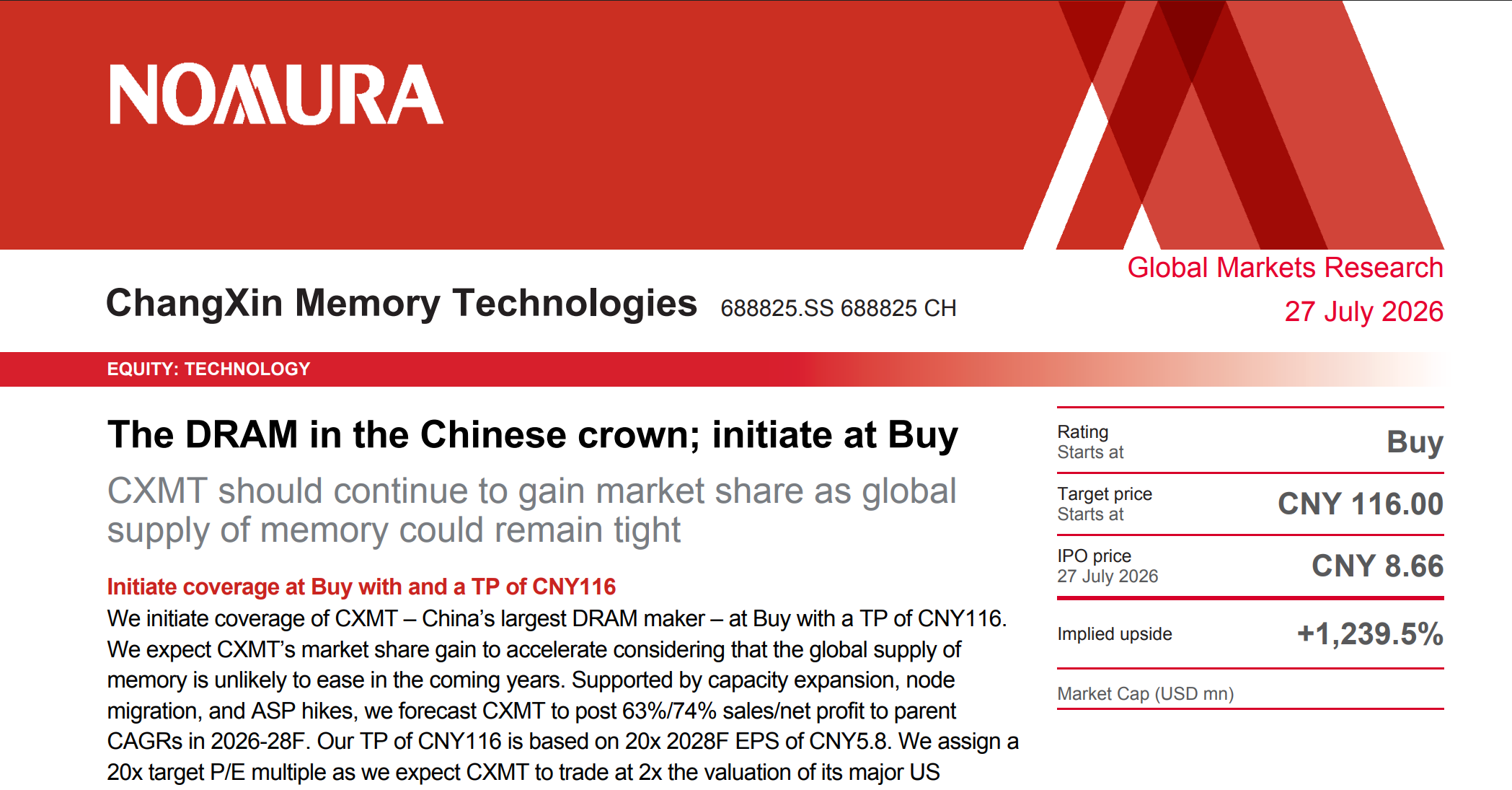 野村首评长鑫存储：AI 超级周期下的中国 DRAM 之王